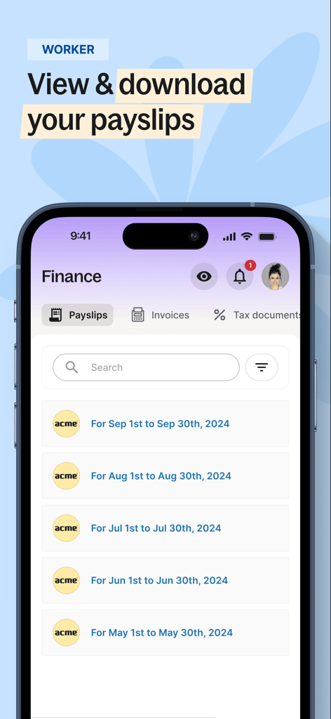 A mobile interface from the Deel app showing a worker's monthly payslip history in the finance section