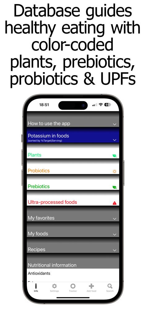 Potassium Counter app interface showing color coded food database categories for plants probiotics prebiotics and ultra processed foods