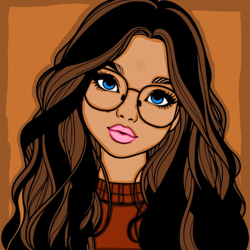 girl with long hair and freckles and glasses realistic