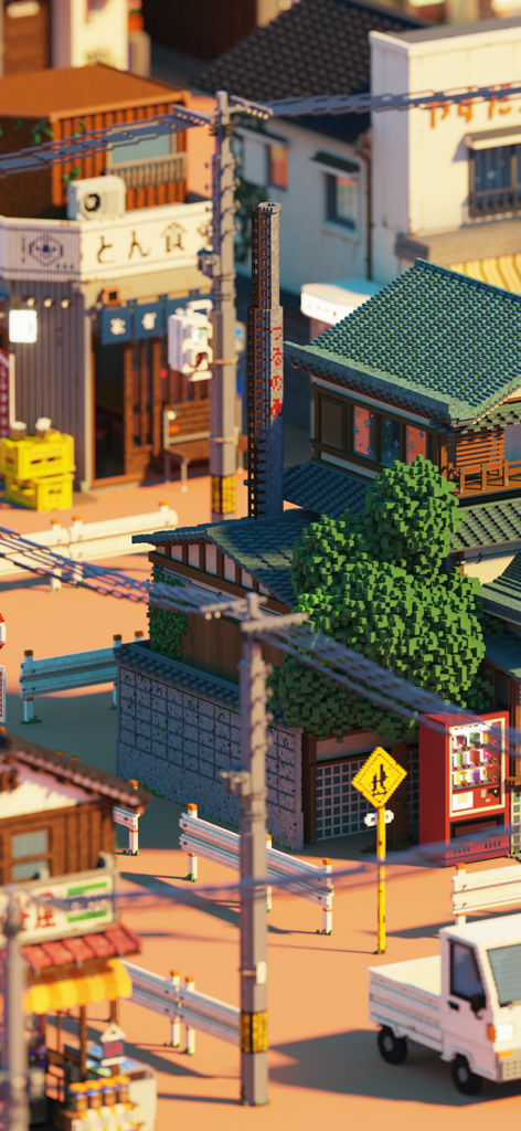 EscapeGame The Retro Bathhouse - A retro Japanese street in voxel art style featuring a bathhouse chimney and a vending machine.