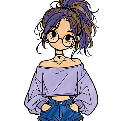 girl with a messy ponytail glasses a baggy crop top and jean shorts