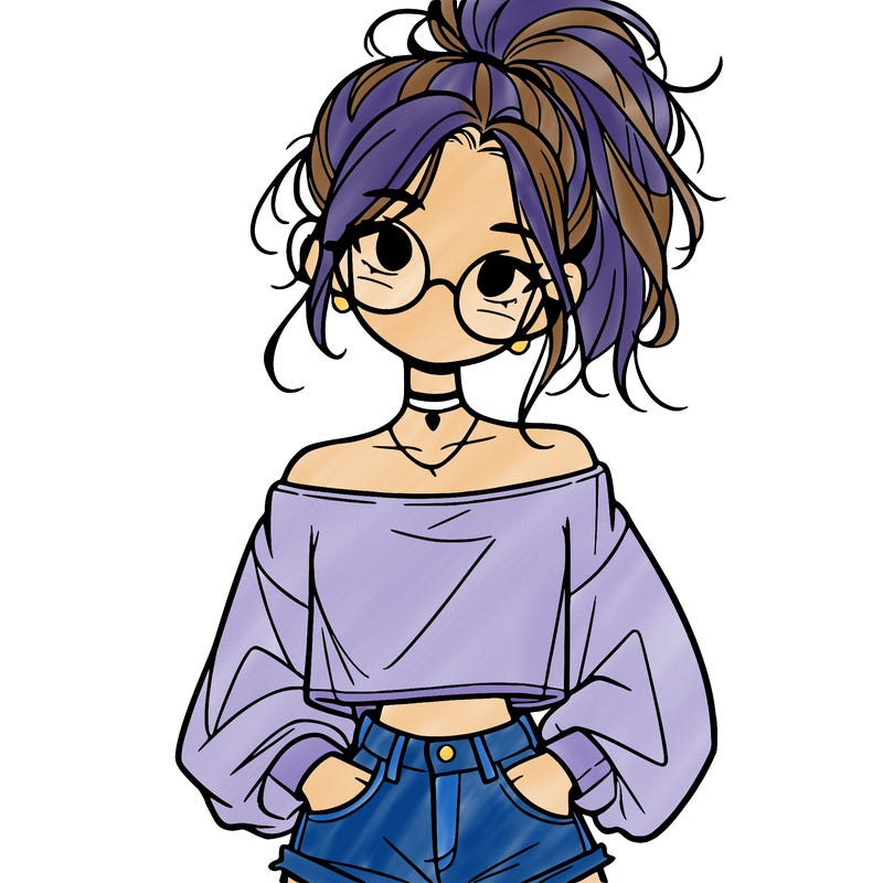 girl with a messy ponytail glasses a baggy crop top and jean shorts