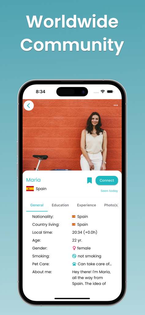 Perfil detallado de au pair en la aplicación Aupair Valley mostrando información personal y un botón de conexión