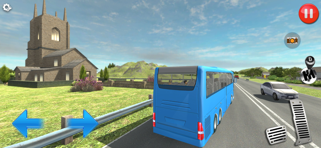 Bus Simulator - City Driving - A blue bus driving on a road next to a historic stone building with on screen simulation controls.
