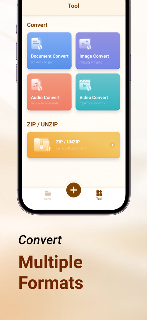 Space Cleaner: File Manager - Pantalla de la app Space Cleaner que muestra herramientas de conversión para formatos de documentos, imágenes, audio y video, además de funciones de zip y unzip