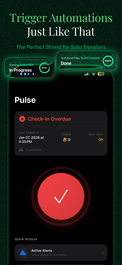 Pulse app dashboard displaying a red check-in overdue alert and progress indicators for emergency contact notifications