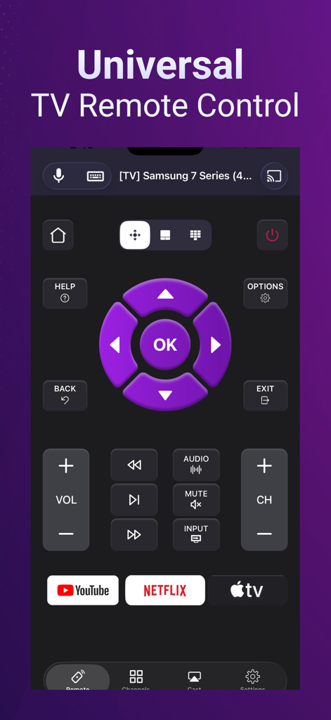 Universal TV Remote Controller - Interfaz de la aplicación Control Remoto Universal para TV con un mando de navegación morado y atajos de streaming para YouTube y Netflix