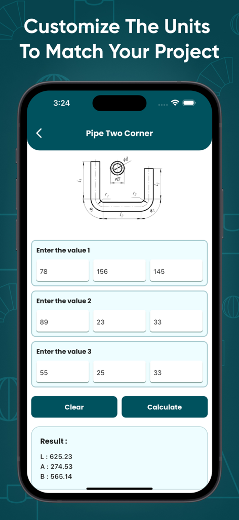 Bending Sheet Metal Calculator - Bending Sheet Metal Calculator app interface for pipe two corner calculations with input fields and results