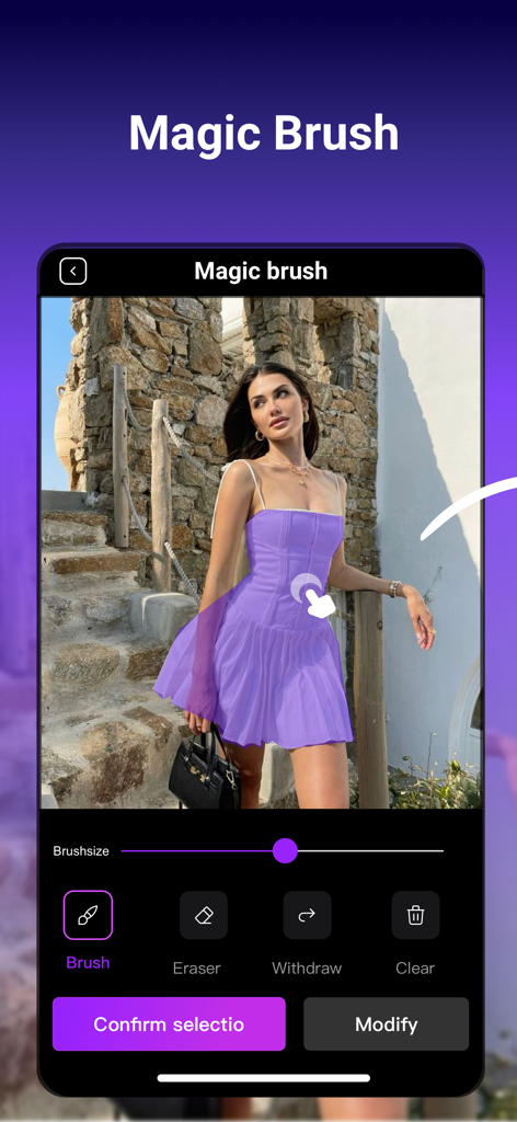 PhotoDeep: AI Photo&Video Edit - Interfaz de la aplicación PhotoDeep mostrando la herramienta Pincel Mágico seleccionando un vestido para edición de fotos