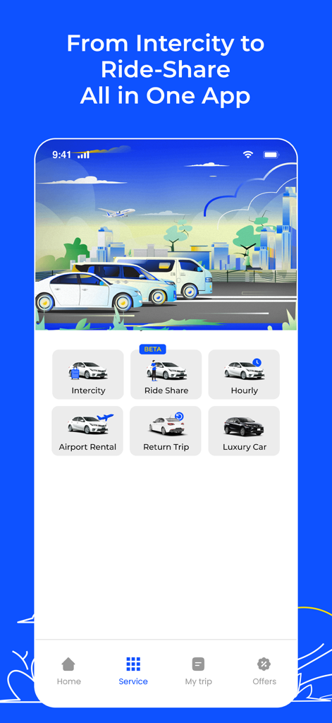 Garibook mobile app screen showing options for intercity travel ride sharing and airport rentals