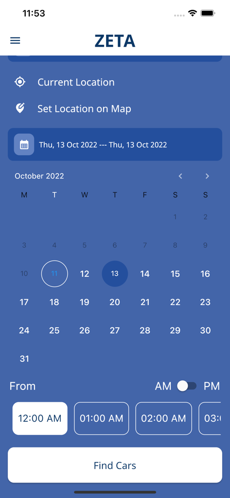 Zeta Cars 모바일 앱 인터페이스에서 렌탈 장소, 날짜 및 시간 선택