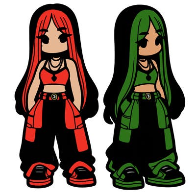 girl in baggy pants crop top and long hair