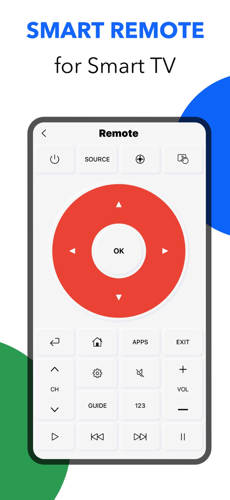 Digital smart TV remote control interface on a mobile phone with a red navigation wheel and various control buttons