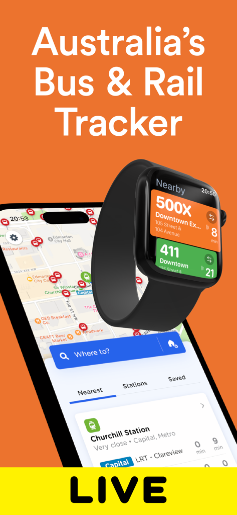 HopToIt: Oz Bus & Train Times - Application HopToIt affichée sur un iPhone et une Apple Watch montrant le suivi des transports australiens en direct et des cartes.