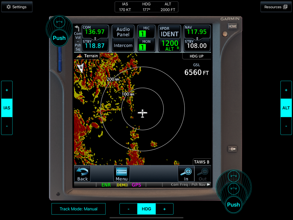 Garmin GTN 750 avionics simulation showing terrain awareness and flight data on an iPad