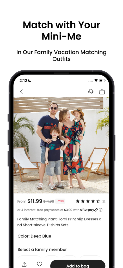 PatPat app screenshot showing a family of four wearing matching blue floral print vacation outfits