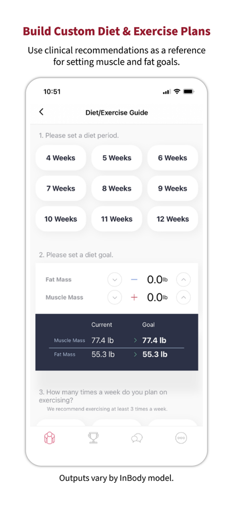 InBody app interface for setting custom diet and exercise goals