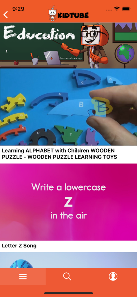 KidTube - KidTube app interface displaying educational video content for children including alphabet puzzles and songs