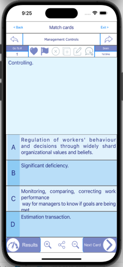 A multiple choice management controls quiz on the Business and Leadership BBA MBA app