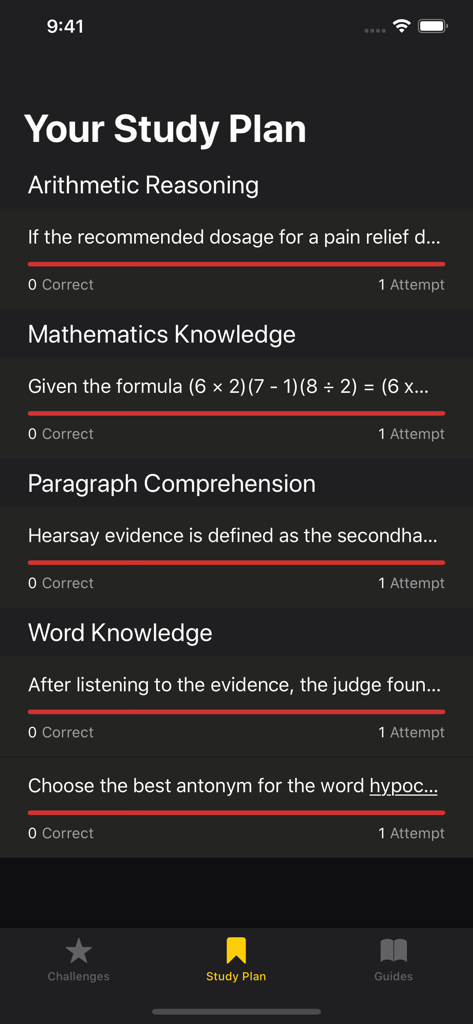 US Army ASVAB Challenge study plan screen showing test categories and progress