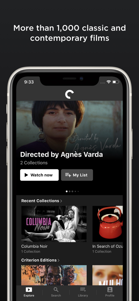 The Criterion Channel - The Criterion Channel app interface showing curated film collections including Directed by Agnes Varda and Columbia Noir
