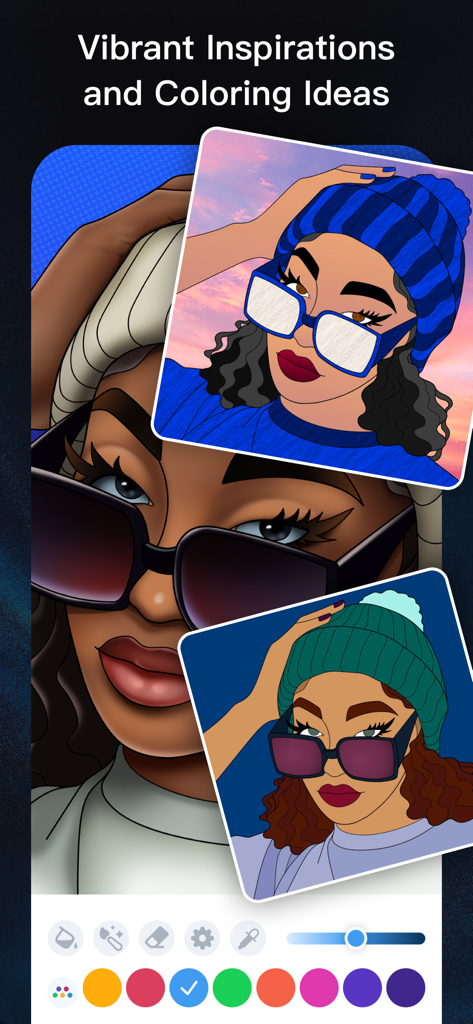 Coloring Book - ColorGuru - Un affichage de portraits de personnages colorés dans l'application ColorGuru présentant des outils et des palettes de coloriage numériques