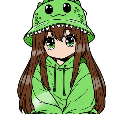 girl with anime shaped eyes with a dinosaur bucket hat oversized sweatshirt long straight hair