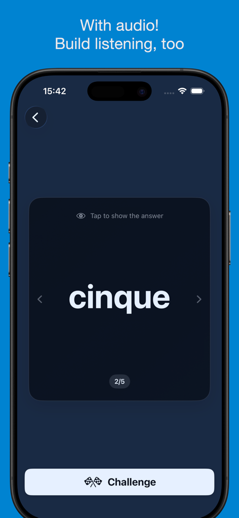 Basic Italian Vocabulary App - Basic Italian Vocabulary App interface showing a flashcard for the word cinque with audio learning features