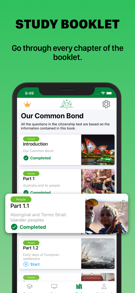 Australian citizenship test app study booklet interface showing chapters and progress tracking
