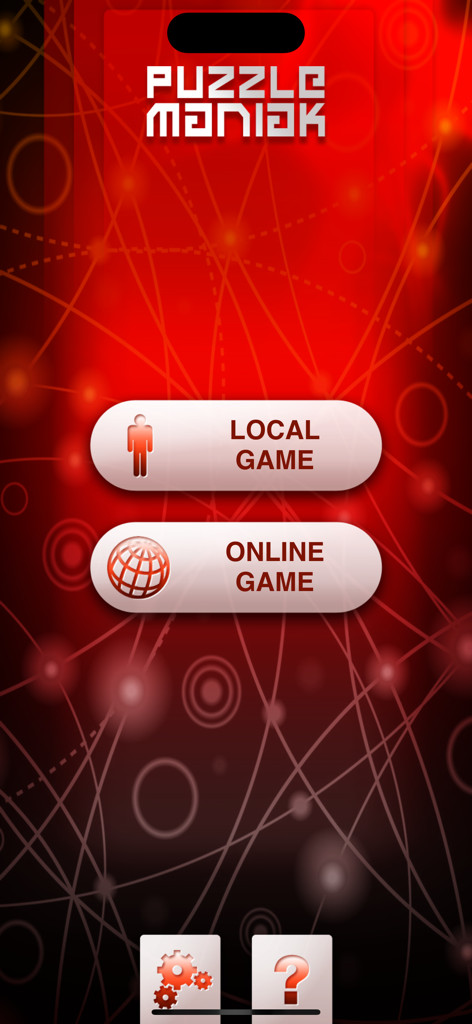 PuzzleManiak - El menú principal de la aplicación PuzzleManiak con las opciones Juego Local y Juego Online.