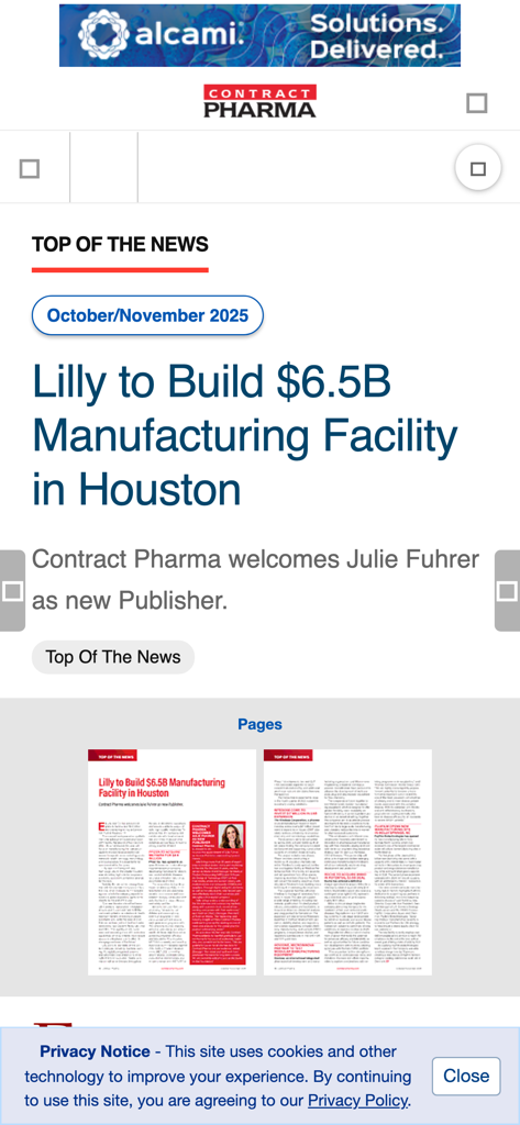 Contract Pharma - Contract Pharma mobile app interface displaying a news article about Lilly building a manufacturing facility in Houston