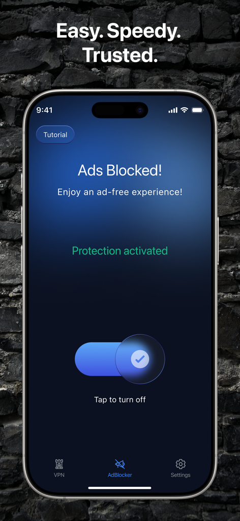 Turret VPN - Turret VPN ad blocker screen showing protection activated on an iPhone