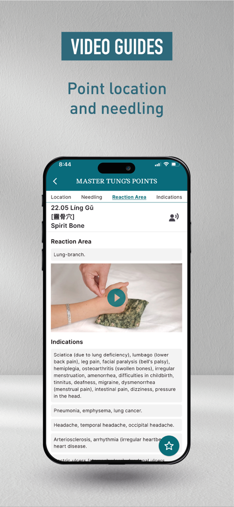 Master Tung's points - iPhone screen displaying the Master Tung's points app showing a video guide and clinical indications for the Ling Gu Spirit Bone acupuncture point.