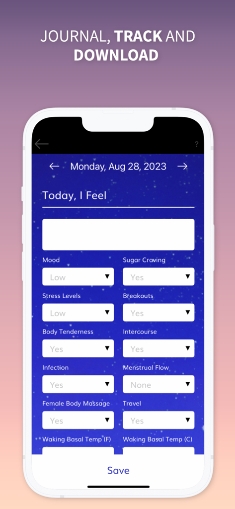 Pantalla de la aplicación My Moontime para registrar sentimientos y seguir los síntomas diarios del ciclo menstrual