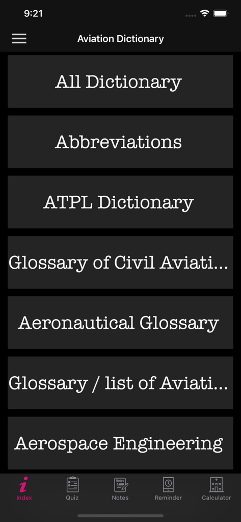 ADP- Aviation Dictionary Prem - Main index screen of the Aviation Dictionary Prem app listing categories like abbreviations and aeronautical glossary