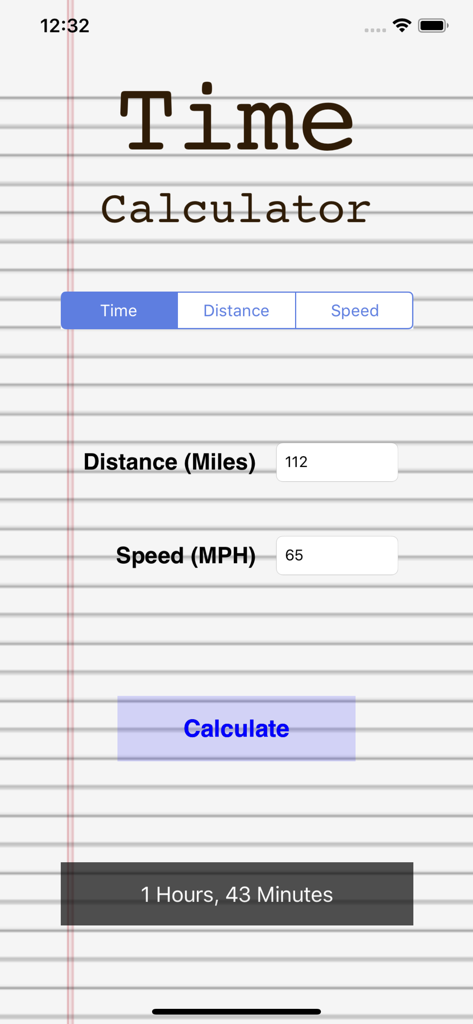 Distance Speed Time Calculator - Interface of the distance speed time calculator app displaying a time calculation result on a notebook paper background.
