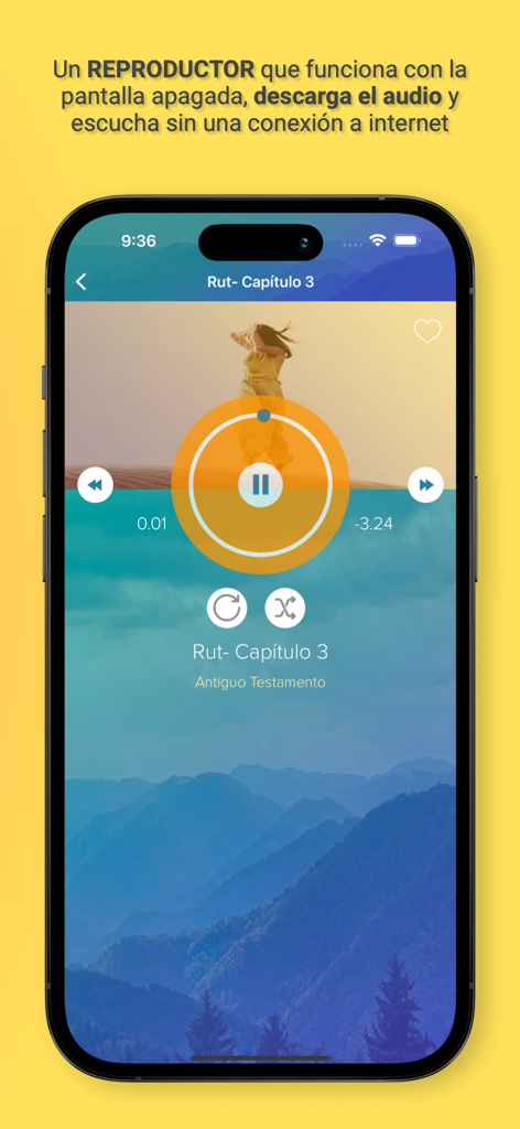 Biblia Hablada en Audio - スペイン語オーディオ聖書アプリのインターフェース。ルツ記の再生コントロールが表示されています。