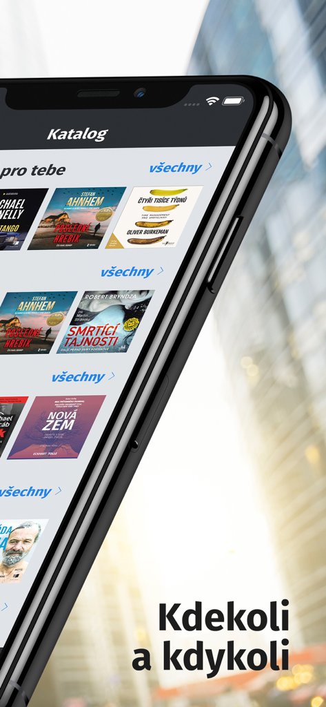 Audiolibrix - Audioknihy - Audiolibrix mobile app on a smartphone showing a catalog of Czech audiobooks with the text anywhere and anytime.
