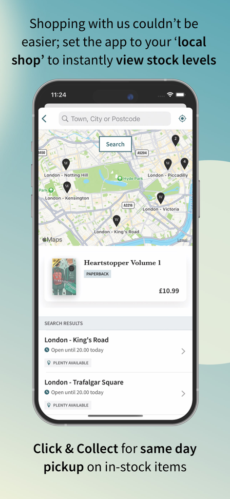Oberfläche der Waterstones-App, die eine Karte mit Buchhandlungsstandorten in London und Echtzeit-Lagerbeständen für Heartstopper Volume 1 zeigt.