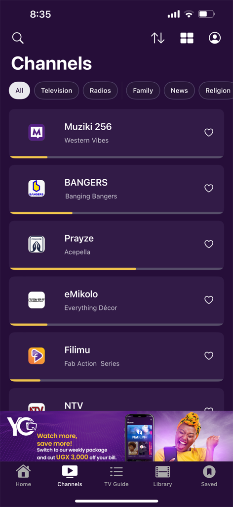 Mobile interface of YOTVChannels app displaying various Ugandan television and radio stations