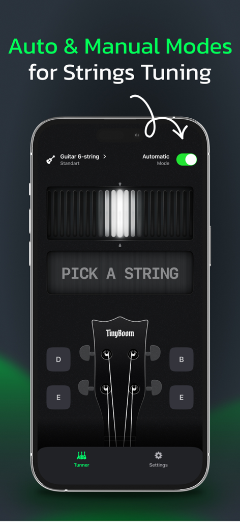 Guitar Tuner - Stringo - Écran de smartphone affichant l'interface de l'application Guitar Tuner Stringo avec les modes d'accordage automatique et manuel.