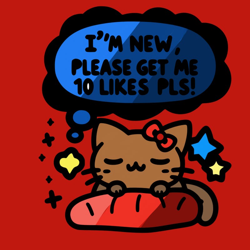 kitty taking a nap dream talking and saying "i'm new, please get me at least 10 likes pls!!"