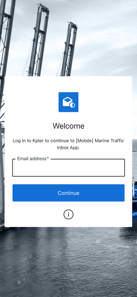 MarineTraffic Inbox - Login screen for the MarineTraffic Inbox app with an email input field