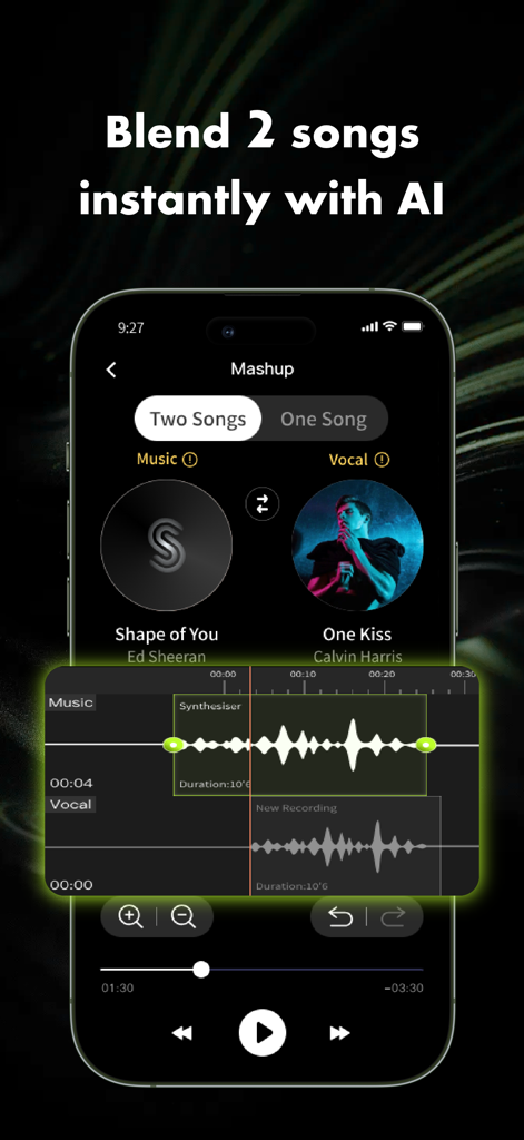 Stemify mobile app interface showing the AI mashup tool blending two songs with audio waveforms