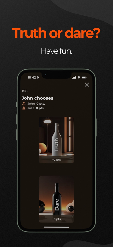 Coupleroom: Game For Couples - A smartphone displaying the Truth or Dare game selection screen within the Coupleroom app with options for Truth and Dare.