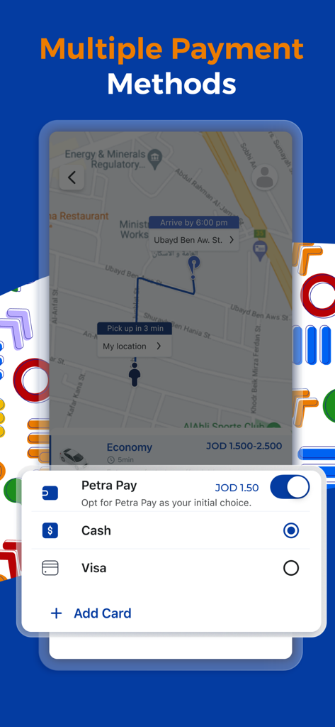 Petra Ride - Petra Ride app interface showing multiple payment options including Petra Pay cash and Visa