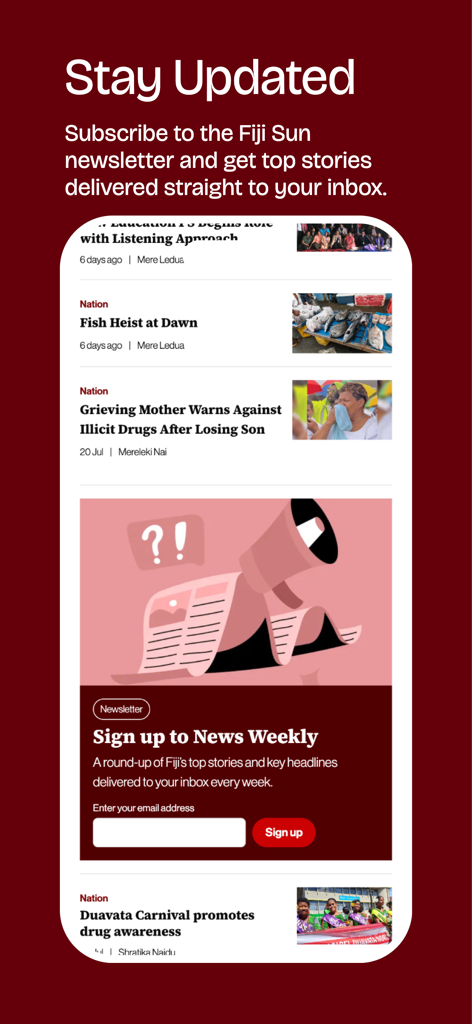 Fiji Sun - Newsletter sign up screen in the Fiji Sun news app
