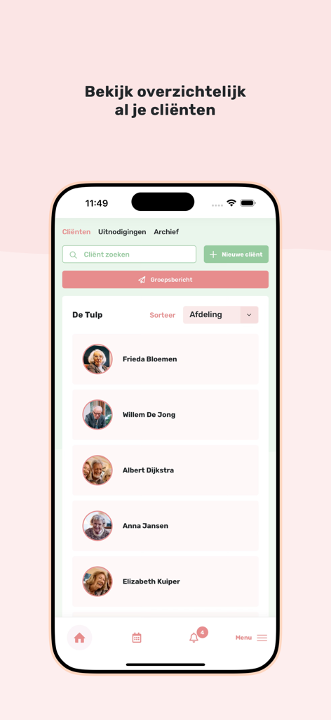 Familynet - Mobile screen of the Familynet app showing a list of care home residents for professional staff