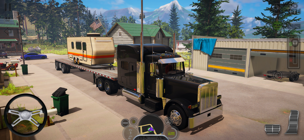 Truck Simulator USA Revolution - Un camión semirremolque negro arrastrando un remolque con una caravana clásica a través de un vecindario suburbano