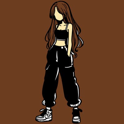 girl in baggy pants crop top and long hair